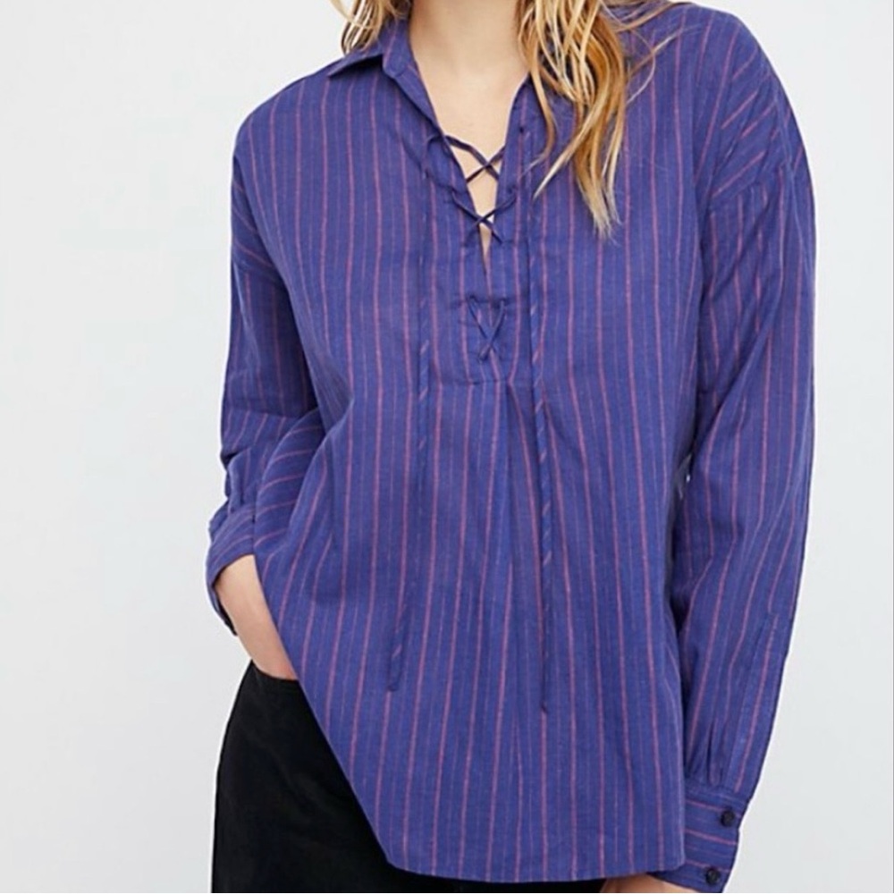 Free People Under the Boardwalk Tunic Blouse Blue with pink/red stripes